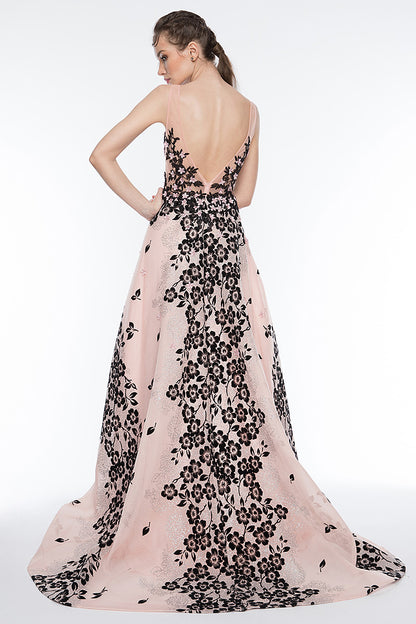 Rochie lunga de seara, eleganta cu flori, forma de A cu trena  R20H19