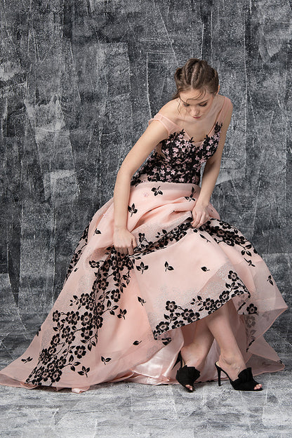 Rochie lunga de seara, eleganta cu flori, forma de A cu trena  R20H19