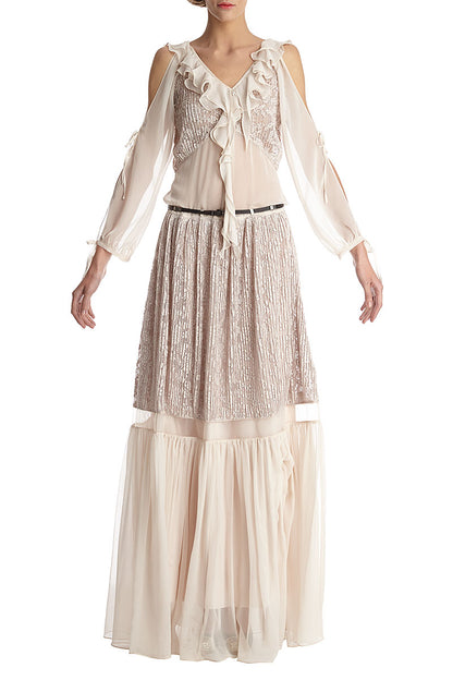 Rochie lunga eleganta cu maneci lungi de dantela si matase naturala.R21H17