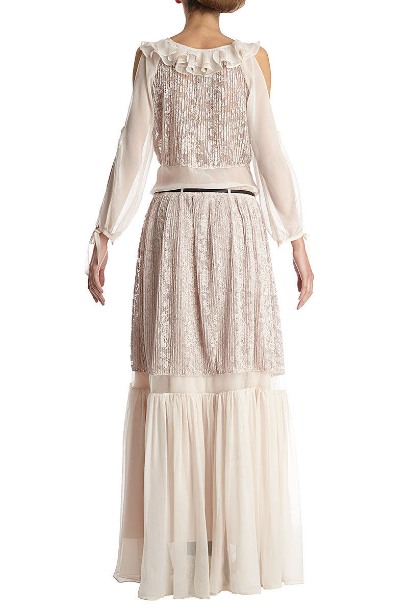 Rochie lunga eleganta cu maneci lungi de dantela si matase naturala.R21H17