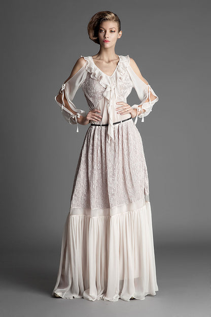 Rochie lunga eleganta cu maneci lungi de dantela si matase naturala.R21H17