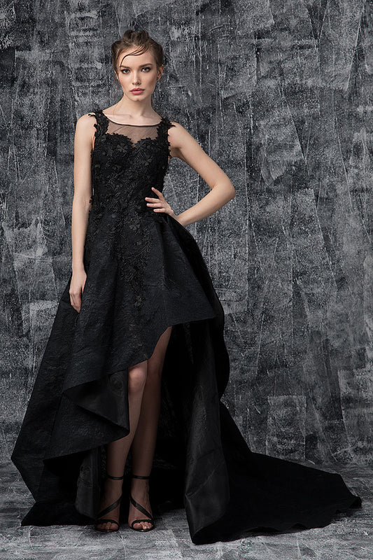 Rochie lunga de seara, eleganta din dantela asimetrica cu trena R21H19