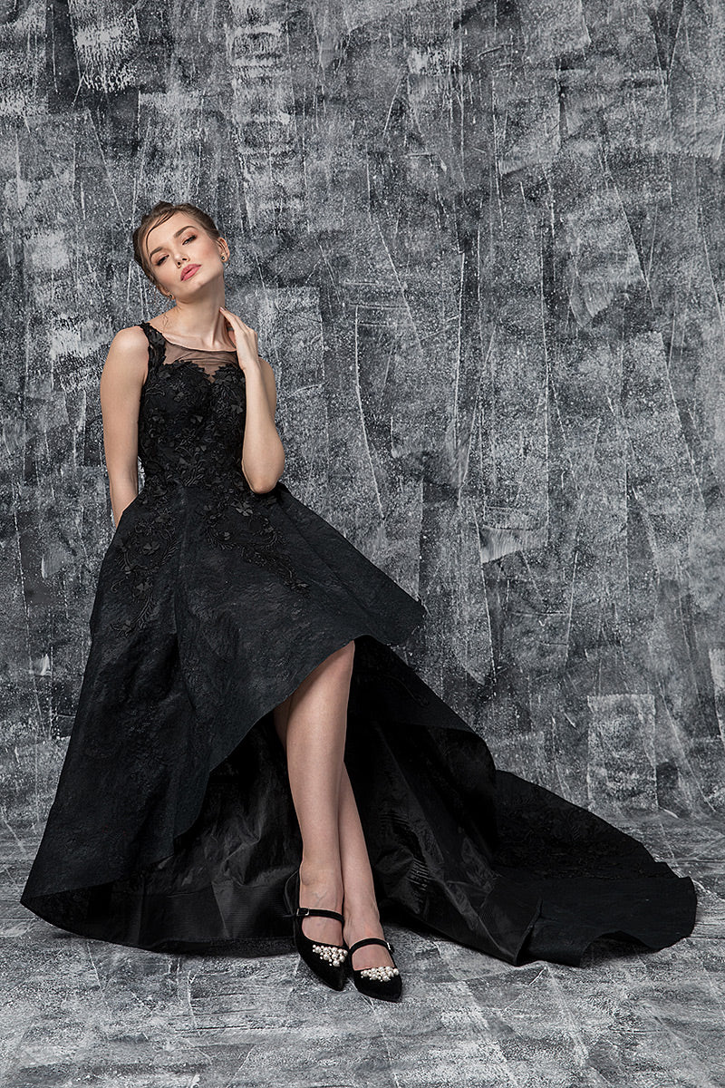 Rochie lunga de seara, eleganta din dantela asimetrica cu trena R21H19