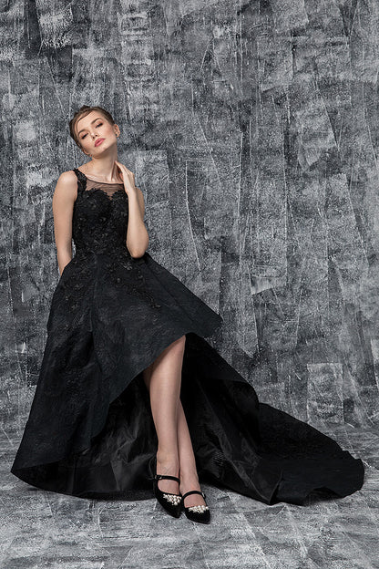Rochie lunga de seara, eleganta din dantela asimetrica cu trena R21H19