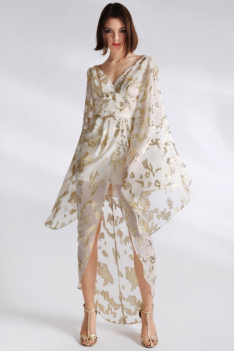 Rochie lunga din matase cu gold si cu maneci largi Kale