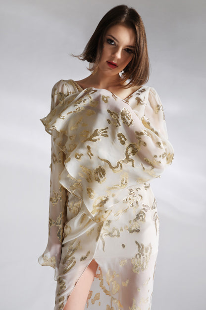 Rochie lunga din matase cu gold si cu maneci largi Kale