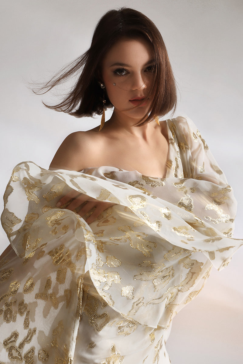 Rochie lunga din matase cu gold si cu maneci largi Kale