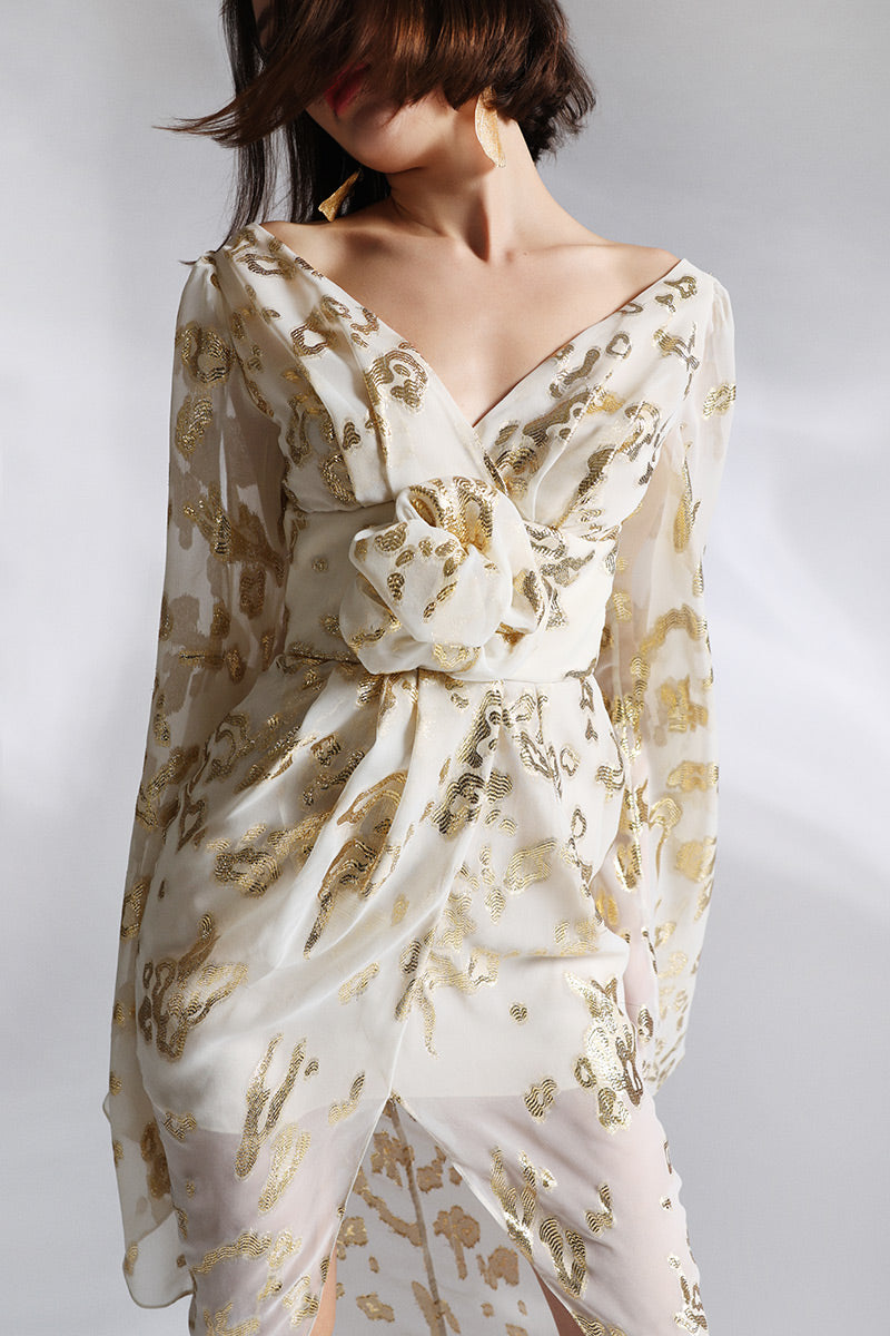 Rochie lunga din matase cu gold si cu maneci largi Kale