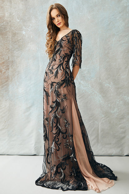 Rochie lunga de seara din broderie manuala, si matase cu slituri R22H20