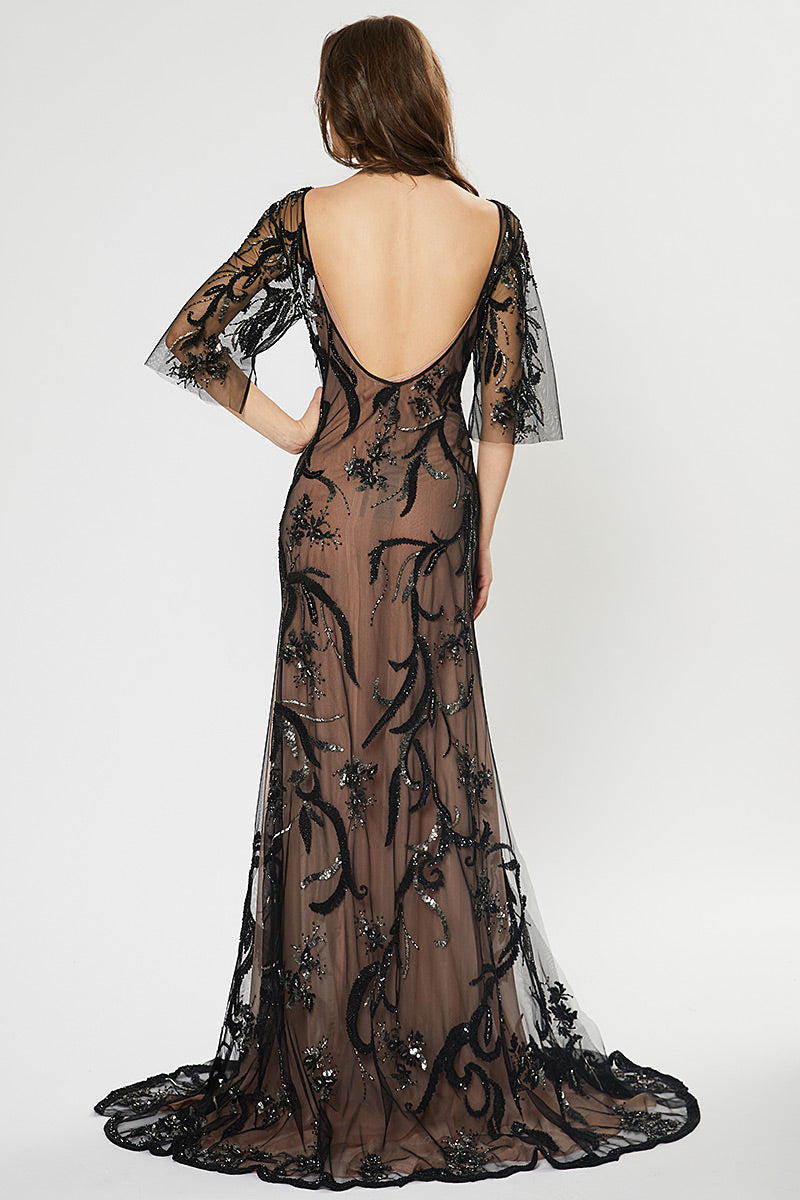 Rochie lunga de seara din broderie manuala, si matase cu slituri R22H20