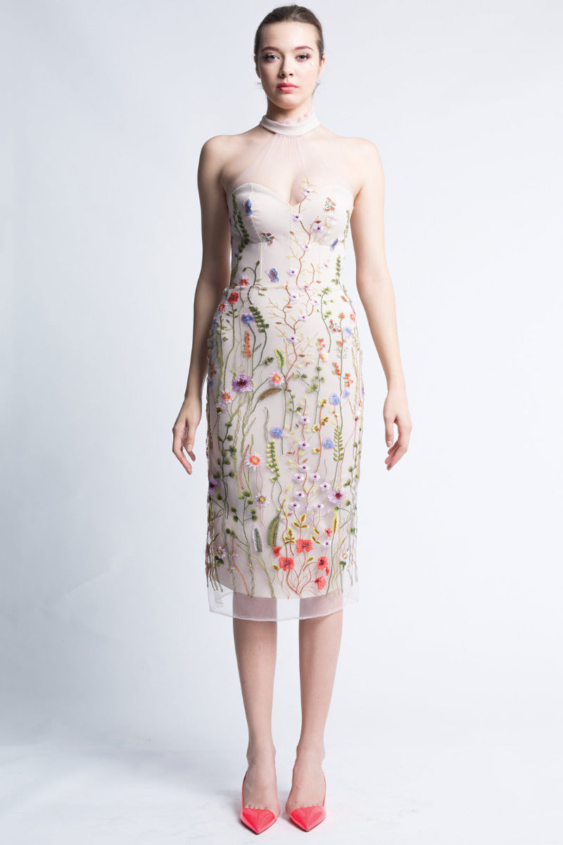 Rochie scurta din tul brodat cu flori si corset R22S17