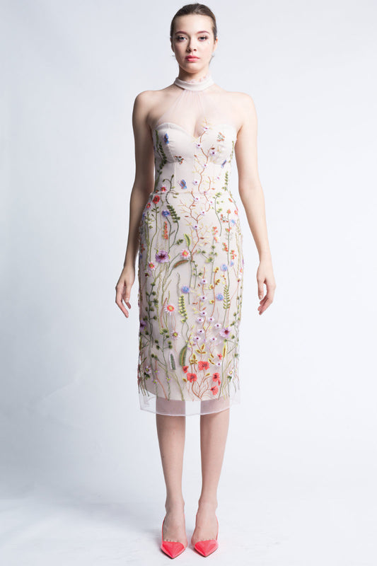 Rochie scurta din tul brodat cu flori si corset R22S17