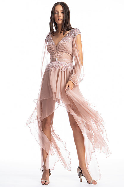 Rochie de ocazie din matase naturala si dantela, midi, asimetrica Vivienne