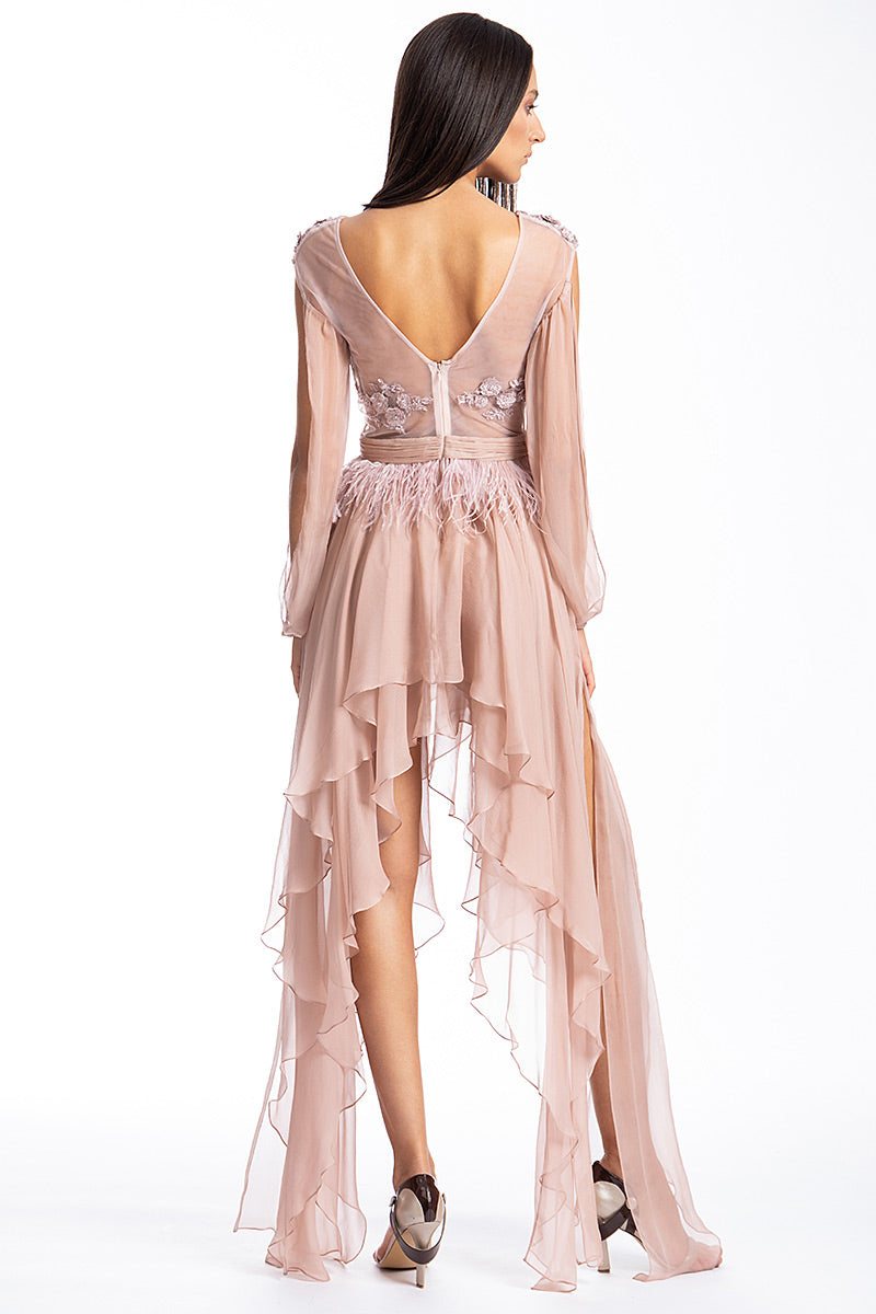 Rochie de ocazie din matase naturala si dantela, midi, asimetrica Vivienne