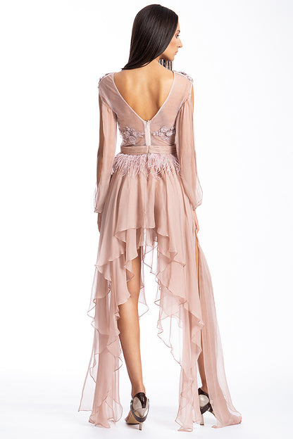 Rochie de ocazie din matase naturala si dantela, midi, asimetrica Vivienne