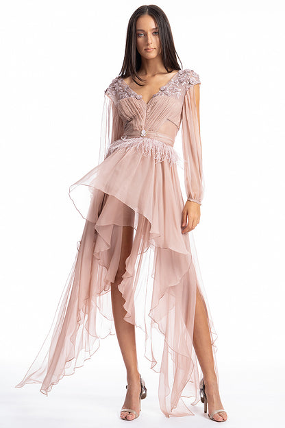 Rochie de ocazie din matase naturala si dantela, midi, asimetrica Vivienne