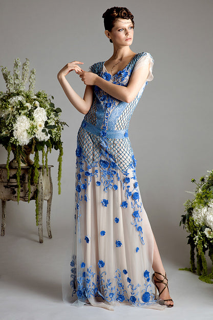 Rochie de seara tip sirena lunga cu flori si  brodata manual  R23S16