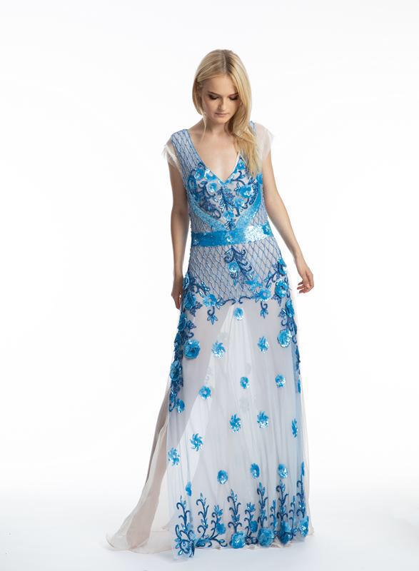 Rochie de seara tip sirena lunga cu flori si  brodata manual  R23S16