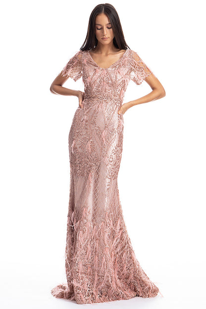 Rochie lunga, de seara, spectaculoasa din broderie si pene, sirena, cu trena si maneci scurte R23S19