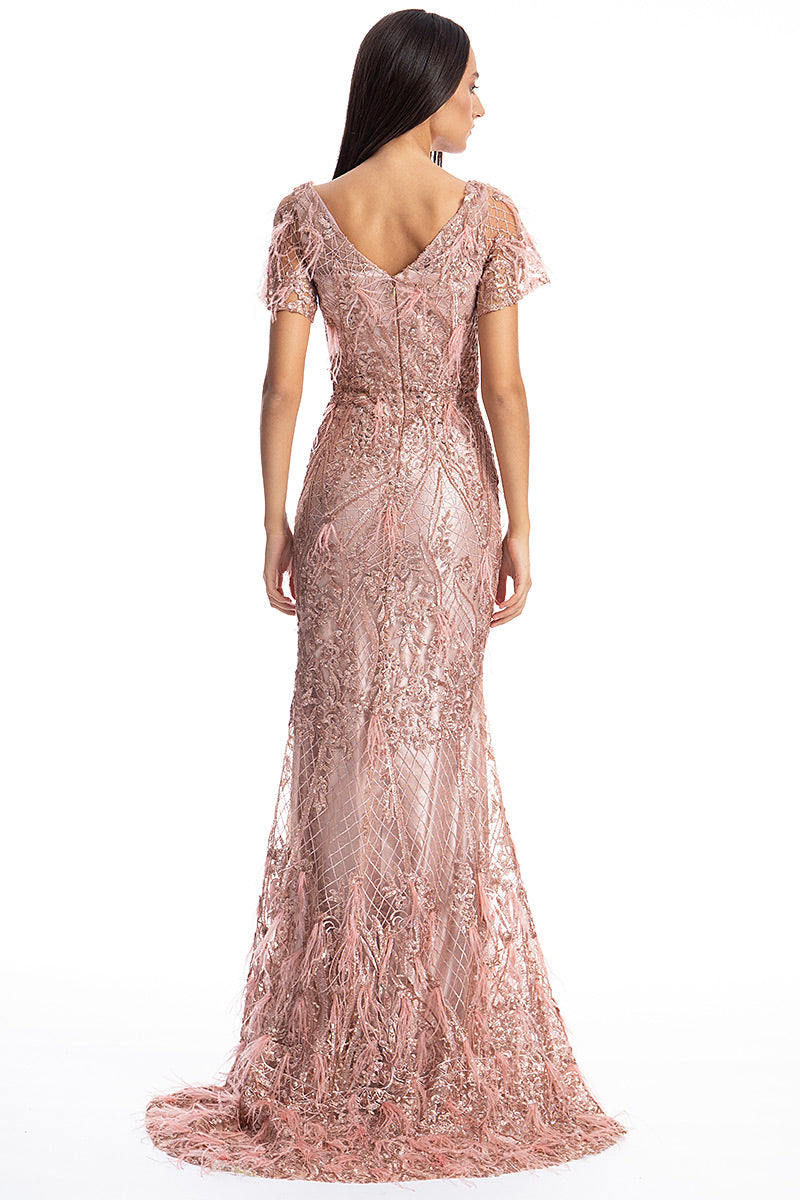 Rochie lunga, de seara, spectaculoasa din broderie si pene, sirena, cu trena si maneci scurte R23S19