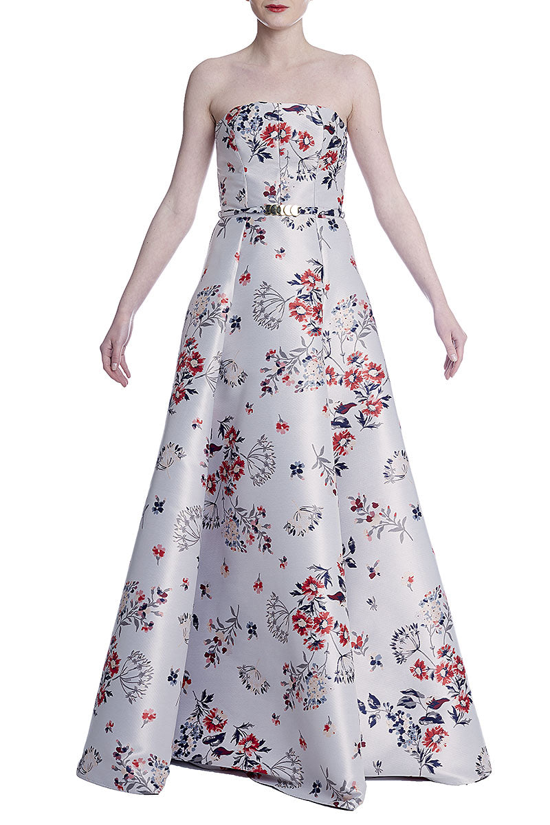  Rochie lunga cu talia marcata, in linia A din brocart cu flori R24H16