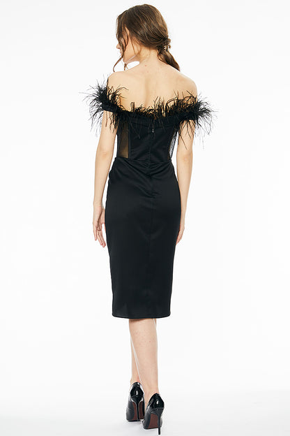 Rochie neagra scurta de ocazie cu corset si pene R24H20