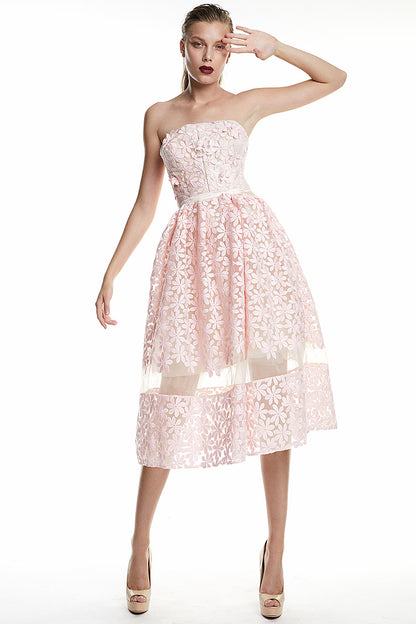 Rochie midi de ocazie cu corsaj de dantela si tafta. Rosa