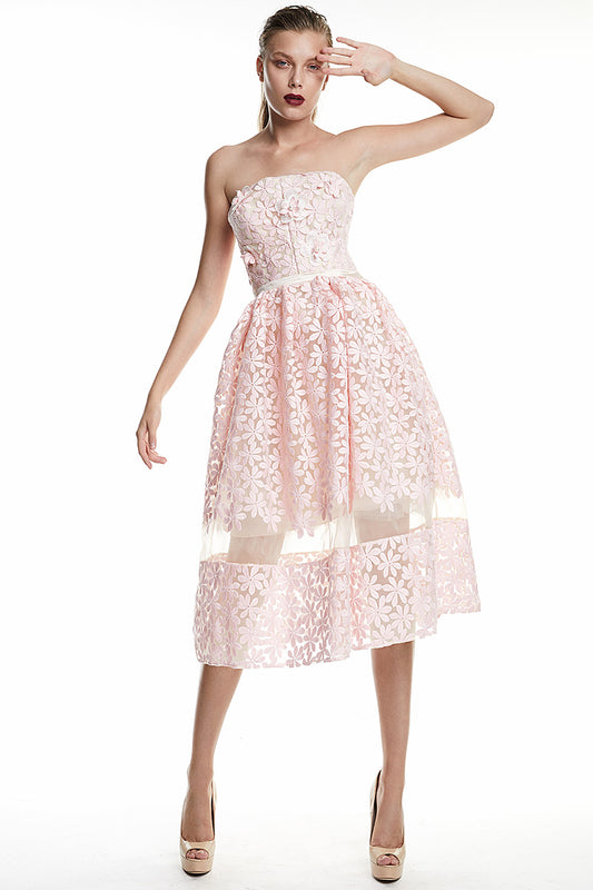 Rochie midi de ocazie cu corsaj de dantela si tafta. Rosa