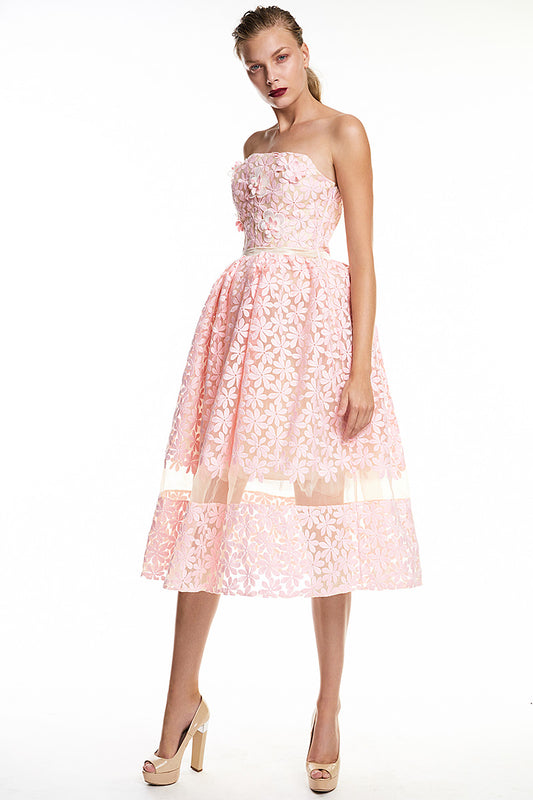 Rochie midi de ocazie cu corsaj de dantela si tafta. Rosa