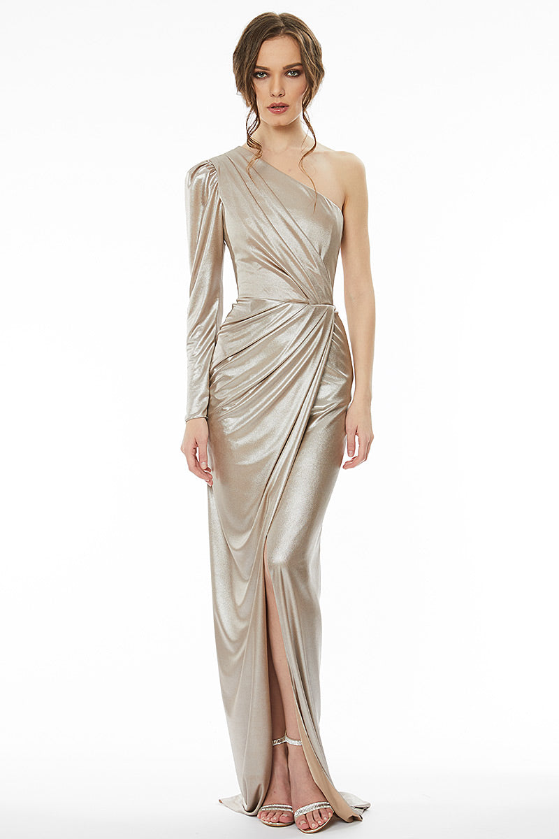 Rochie lunga asimetrica de seara, cu o maneca lunga si slit pe picior R26h20