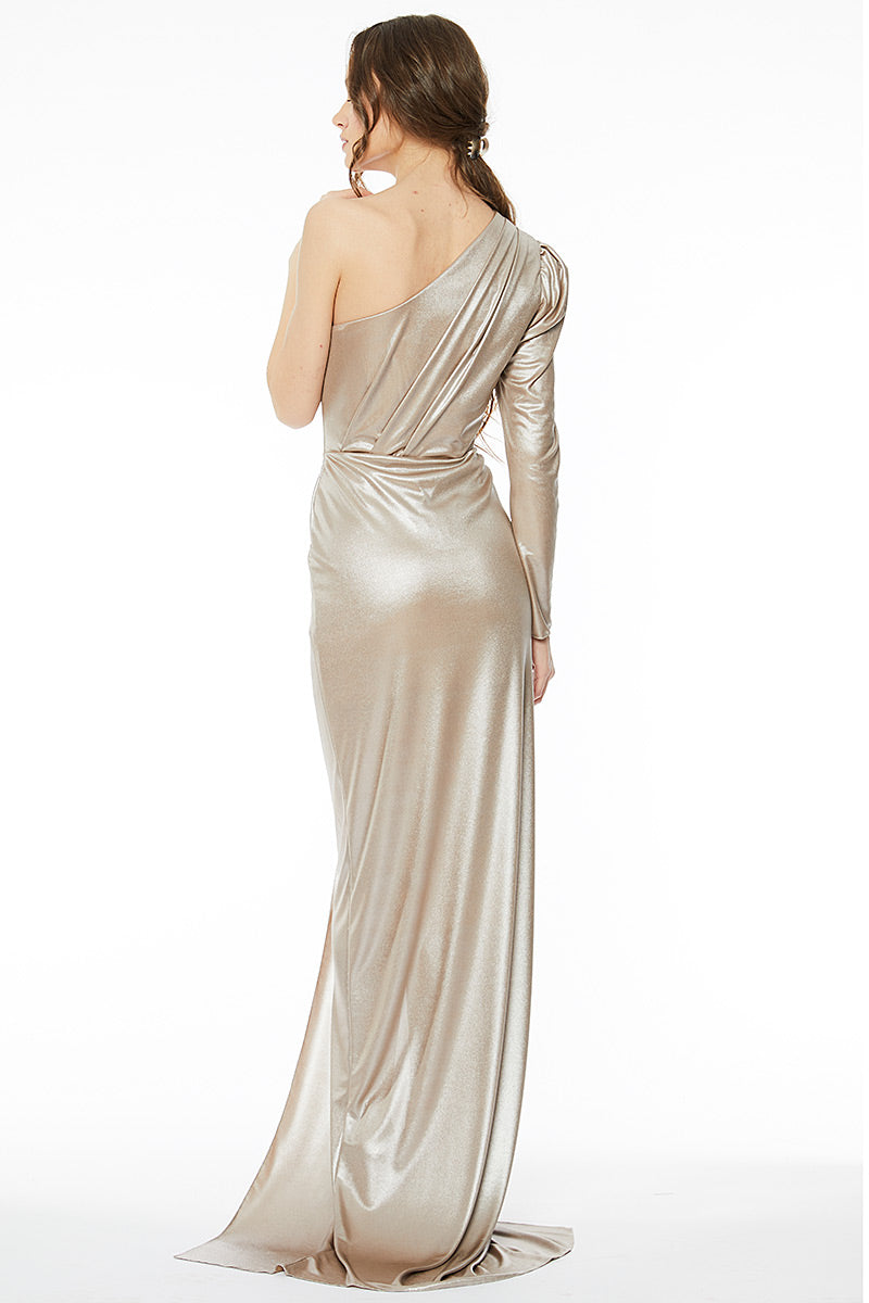 Rochie lunga asimetrica de seara, cu o maneca lunga si slit pe picior R26h20