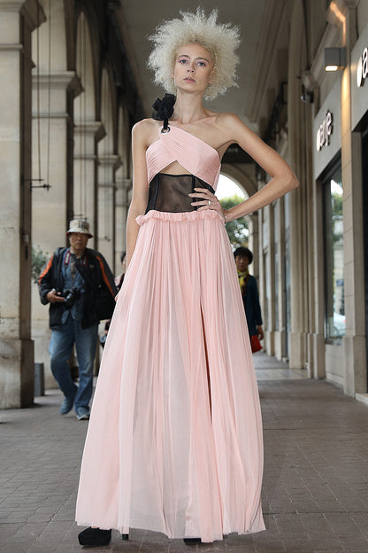 Rochie de seara, lunga de matase naturala cu corsaj, asimetrica  R26S18