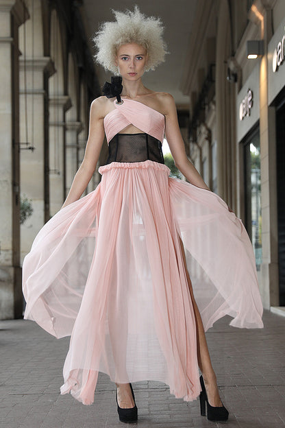 Rochie de seara, lunga de matase naturala cu corsaj, asimetrica  R26S18