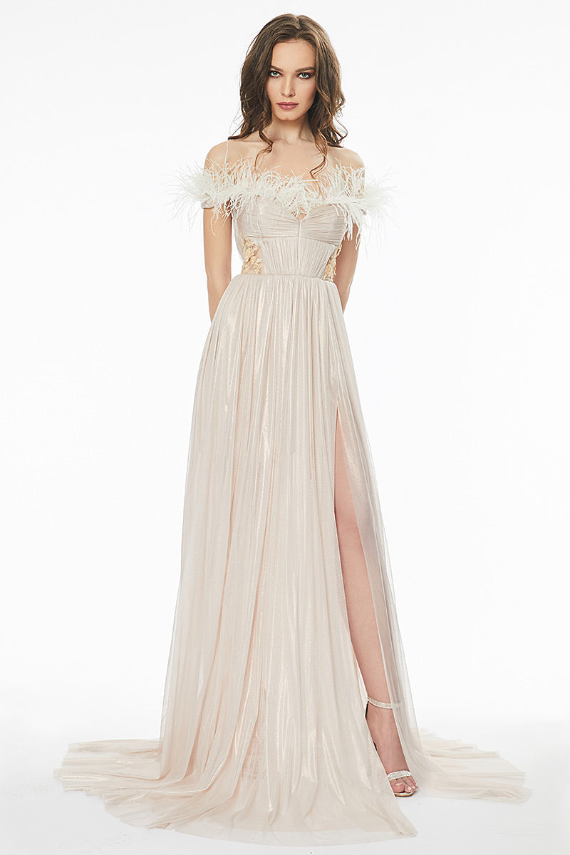 Rochie lunga, de seara, din matase naturala, cu corsaj si pene R27h20