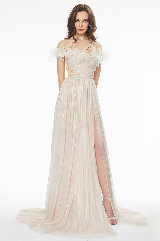 Rochie lunga, de seara, din matase naturala, cu corsaj si pene R27h20