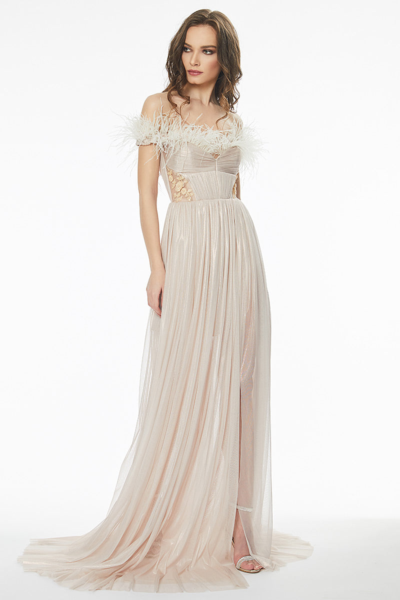 Rochie lunga, de seara, din matase naturala, cu corsaj si pene R27h20