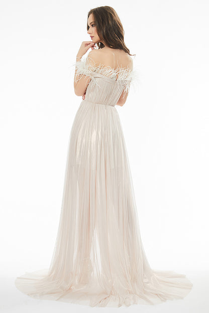 Rochie lunga, de seara, din matase naturala, cu corsaj si pene R27h20