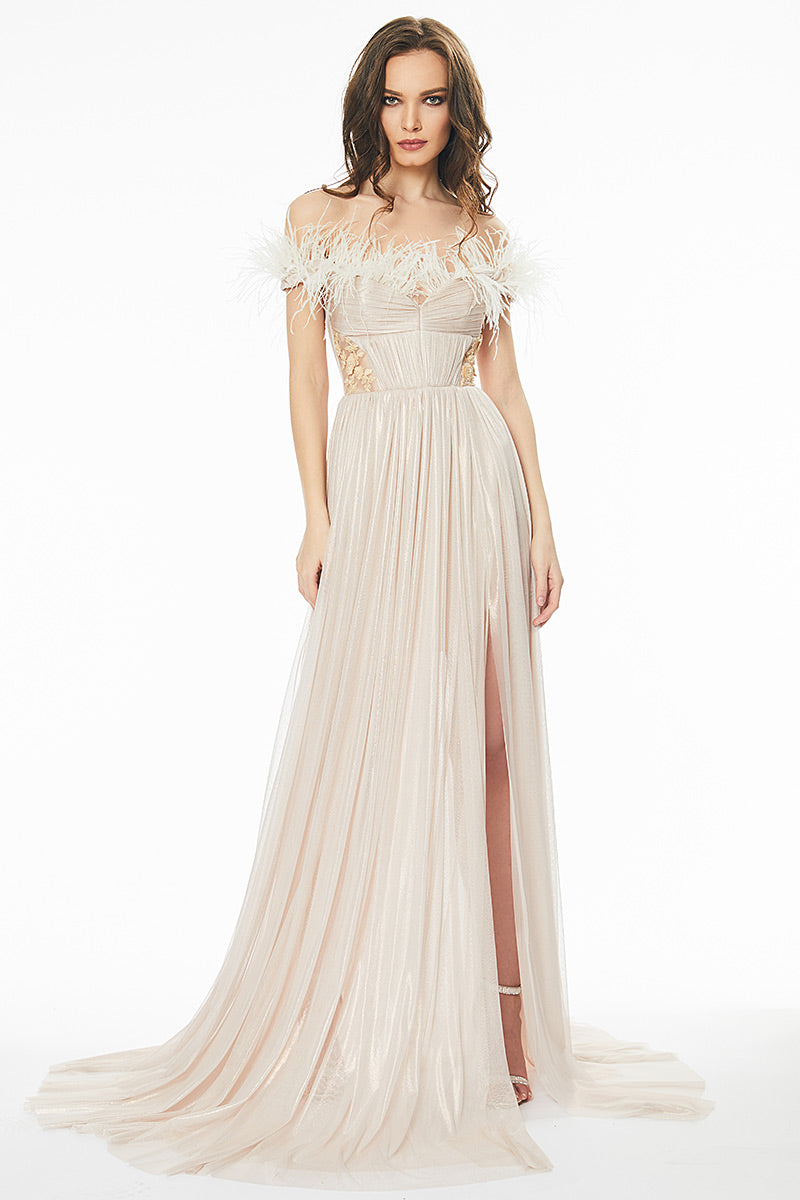 Rochie lunga, de seara, din matase naturala, cu corsaj si pene R27h20