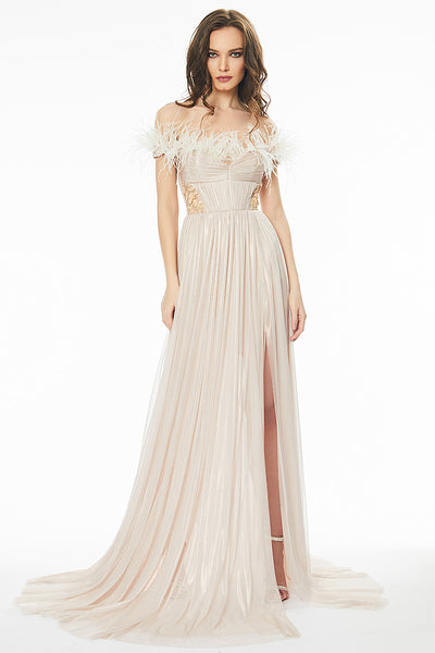 Rochie lunga, de seara, din matase naturala, cu corsaj si pene R27h20