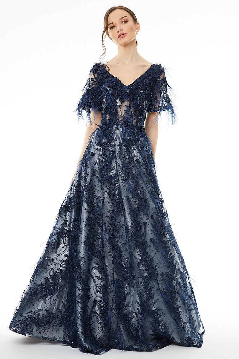 Rochie tip printesa lunga cu dantele si pene R29H20