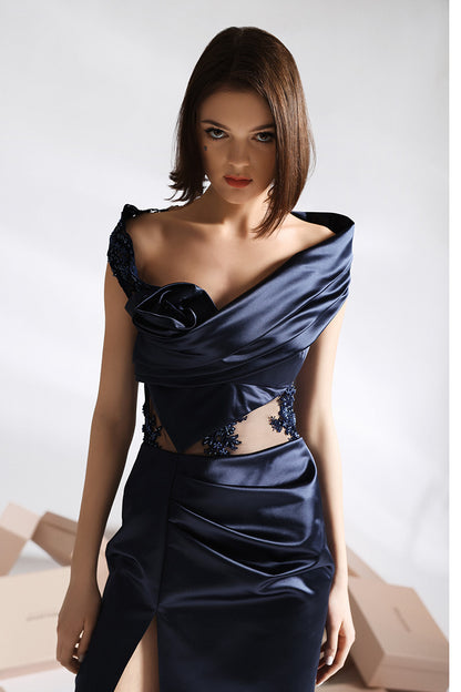 Rochie de seara Blue night din tafta cu corsaj si dantela