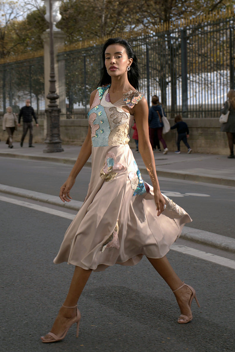 Rochie midi de seara cu broderie manuala si matase R2S18