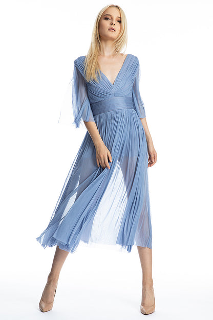 Rochie matase midi de ocazie din matase naturala cu maneci scurte