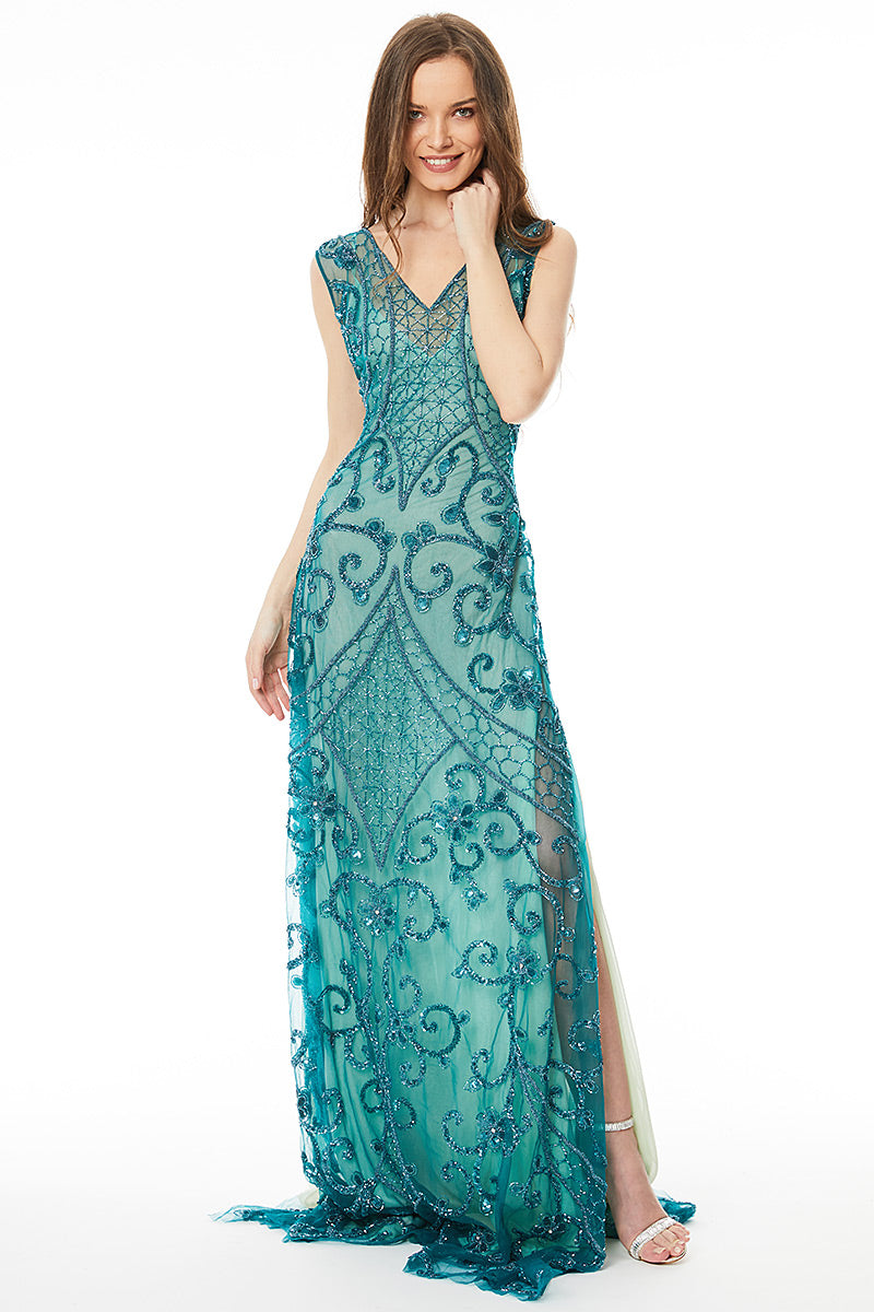 Rochie brodata manual, de seara, lunga, tip sirena cu slituri laterale R31h20