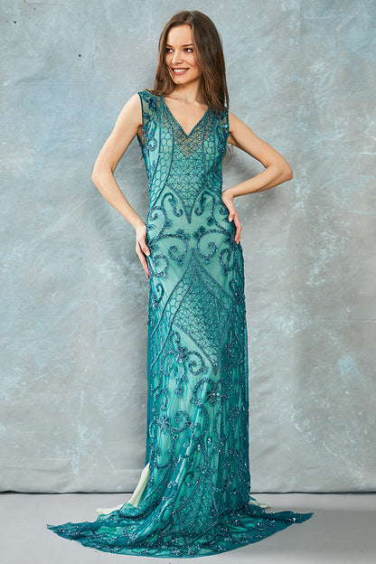 Rochie brodata manual, de seara, lunga, tip sirena cu slituri laterale R31h20