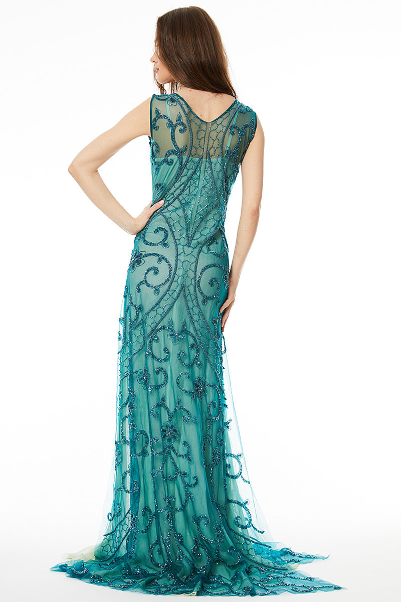 Rochie brodata manual, de seara, lunga, tip sirena cu slituri laterale R31h20