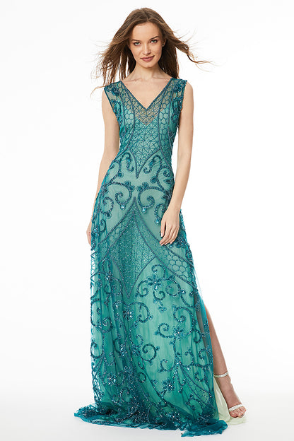 Rochie brodata manual, de seara, lunga, tip sirena cu slituri laterale R31h20