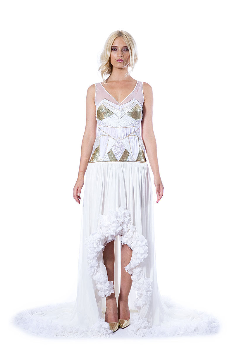 Rochie de mireasa asimetrica cu trena din matase naturala si broderie manuala Eleonore