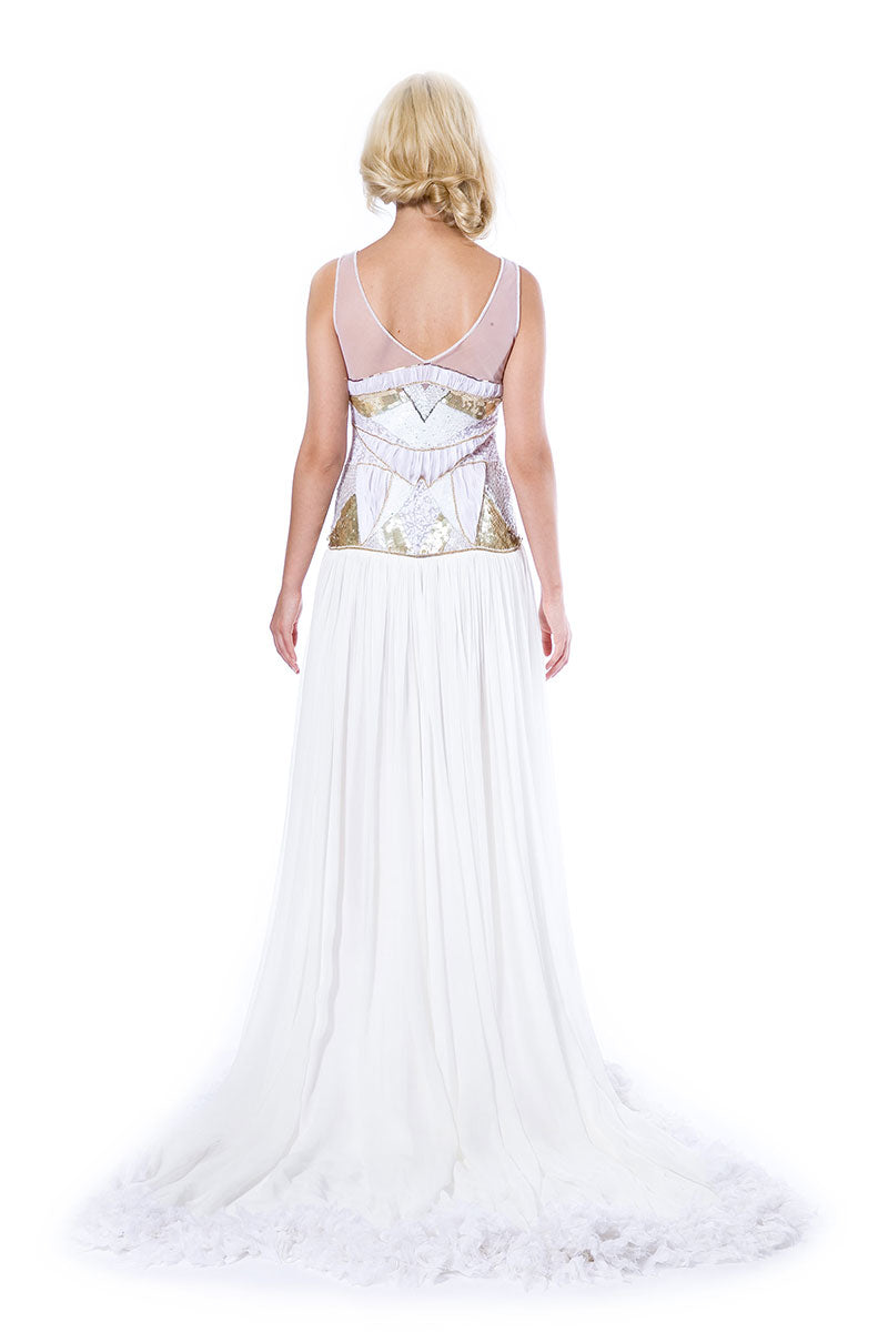 Rochie de mireasa asimetrica cu trena din matase naturala si broderie manuala Eleonore