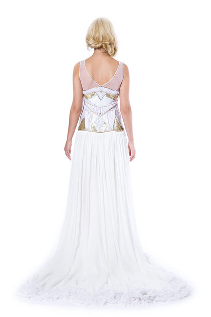 Rochie de mireasa asimetrica cu trena din matase naturala si broderie manuala Eleonore